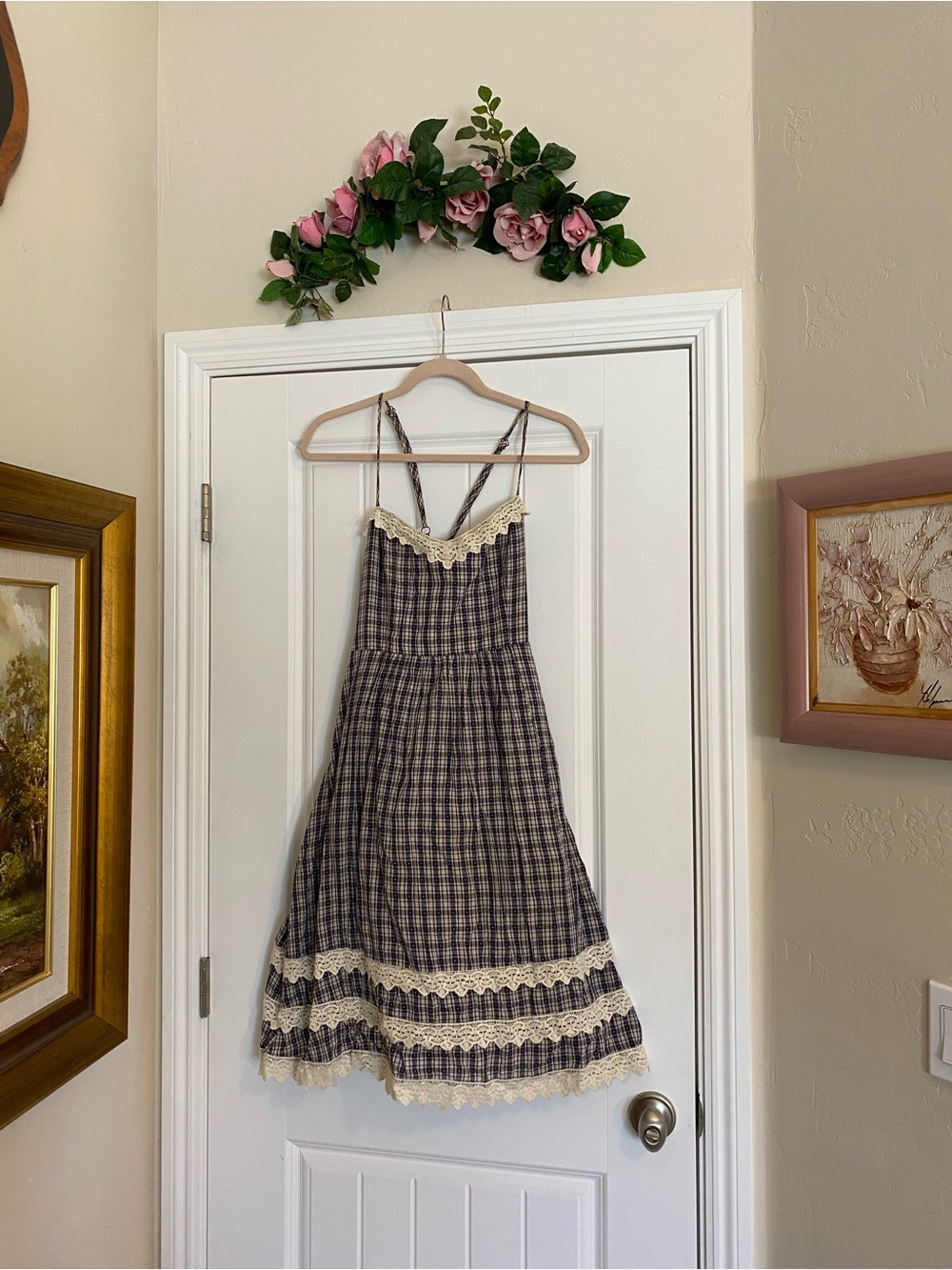 Moulinette Soeurs Blue Plaid Lace-Trim Spaghetti Strap Dress